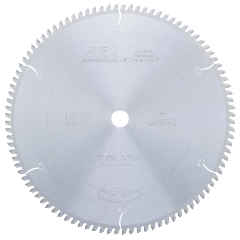 14" x 96T Carbide Tipped Thin Kerf Sliding Compound, Miter and Radial Arm Blade, Neg. 5 Deg., 1" Bore, ATB